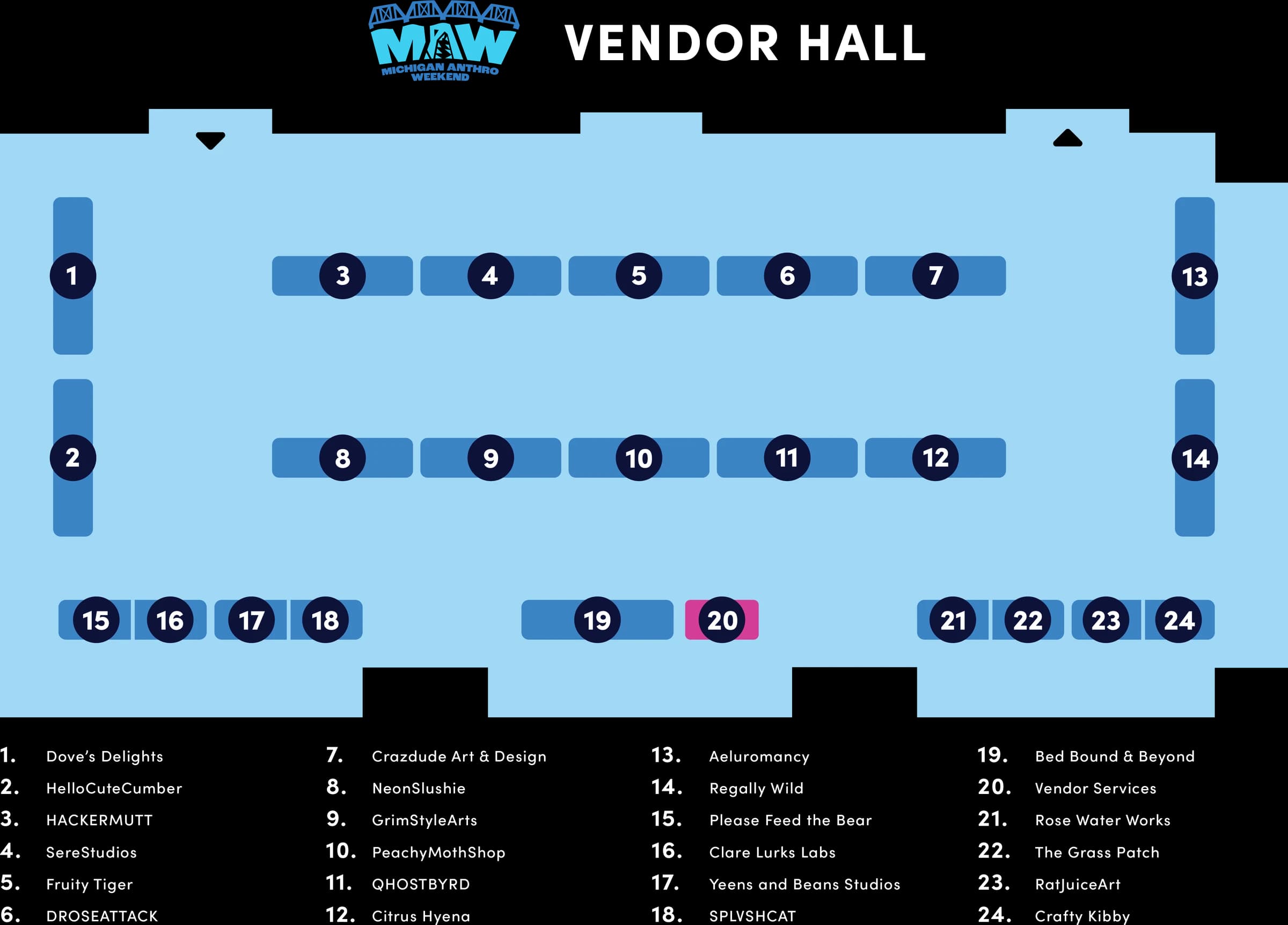 Dealer's Den map with tables numbered 1 through 24. Table 20, along the bottom wall, is Vendor Services.